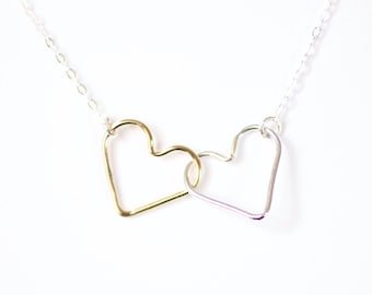 heart necklace, mothers necklace, mom, connected hearts, delicate necklace, mixed metals, gold and silver, sterling silver, mom necklace