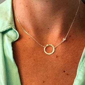 Delicate Gold Necklace, Dainty Gold Necklace, Thin Gold Necklace, Small Circle, Tiny CZ, Bezel Cubic Zirconia, Hammered Circle, N126 image 10
