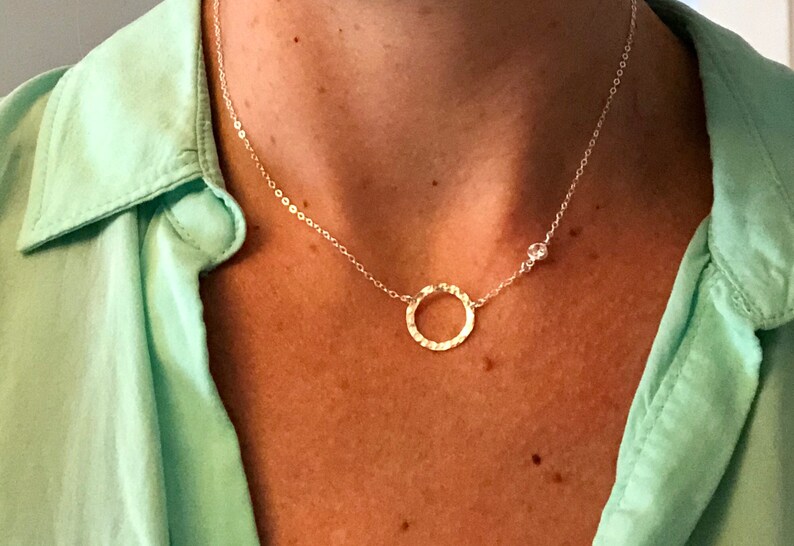 Delicate Gold Necklace, Dainty Gold Necklace, Thin Gold Necklace, Small Circle, Tiny CZ, Bezel Cubic Zirconia, Hammered Circle, N126 image 10
