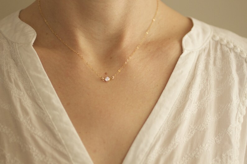 Delicate Gold Necklace, Dainty Necklace, Small Tiny, Bezel Set CZ, Small Diamond, Bridesmaids Gift, Layering Necklace, Simple, N01 image 3