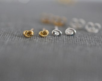 Tiny Knot Stud Earrings: Sterling Silver Posts, Gold Twist
