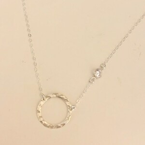 Delicate Gold Necklace, Dainty Gold Necklace, Thin Gold Necklace, Small Circle, Tiny CZ, Bezel Cubic Zirconia, Hammered Circle, N126 image 8