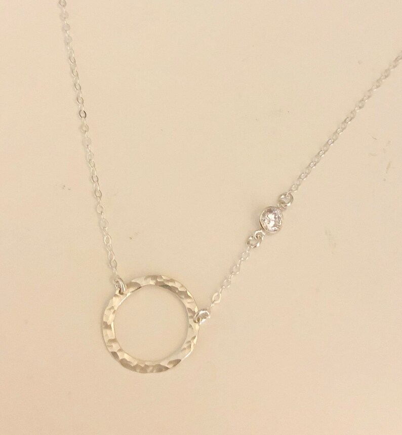 Delicate Gold Necklace, Dainty Gold Necklace, Thin Gold Necklace, Small Circle, Tiny CZ, Bezel Cubic Zirconia, Hammered Circle, N126 image 8