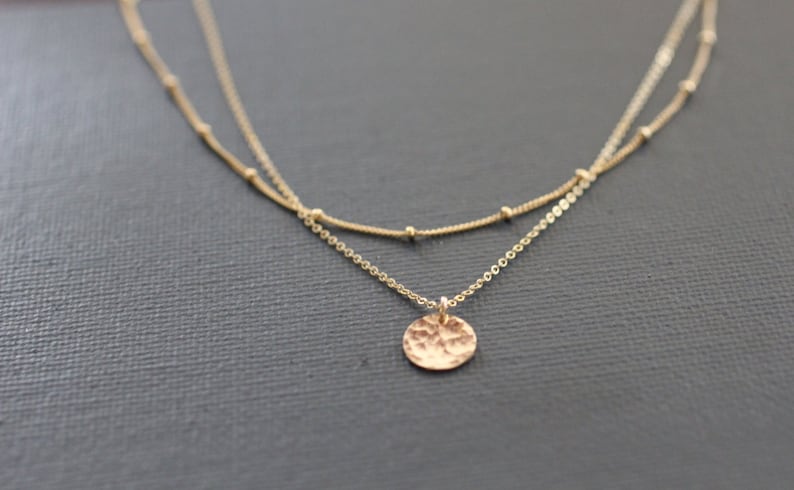 Delicate Necklace, Dainty Gold Necklace, Layered Necklace, Dainty Necklace, Sterling Silver, Hammered Disc, Pounded Metal, Satellite, N79 image 3