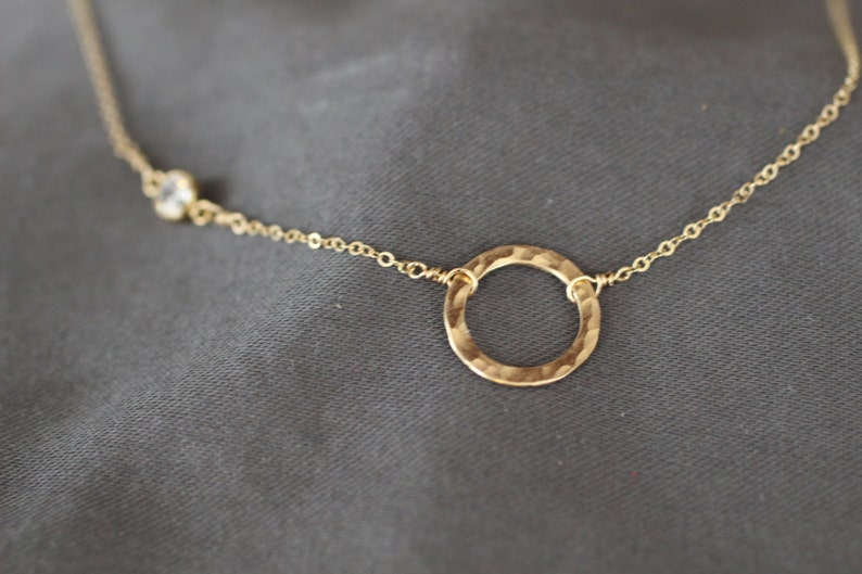 Delicate Gold Necklace, Dainty Gold Necklace, Thin Gold Necklace, Small Circle, Tiny CZ, Bezel Cubic Zirconia, Hammered Circle, N126 14k gold filled