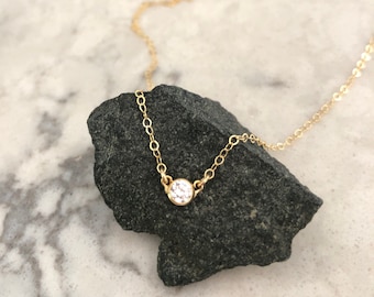 Delicate Gold Necklace, Dainty Necklace, Small Tiny, Bezel Set CZ, Small Diamond, Bridesmaids Gift, Layering Necklace, Simple, N01