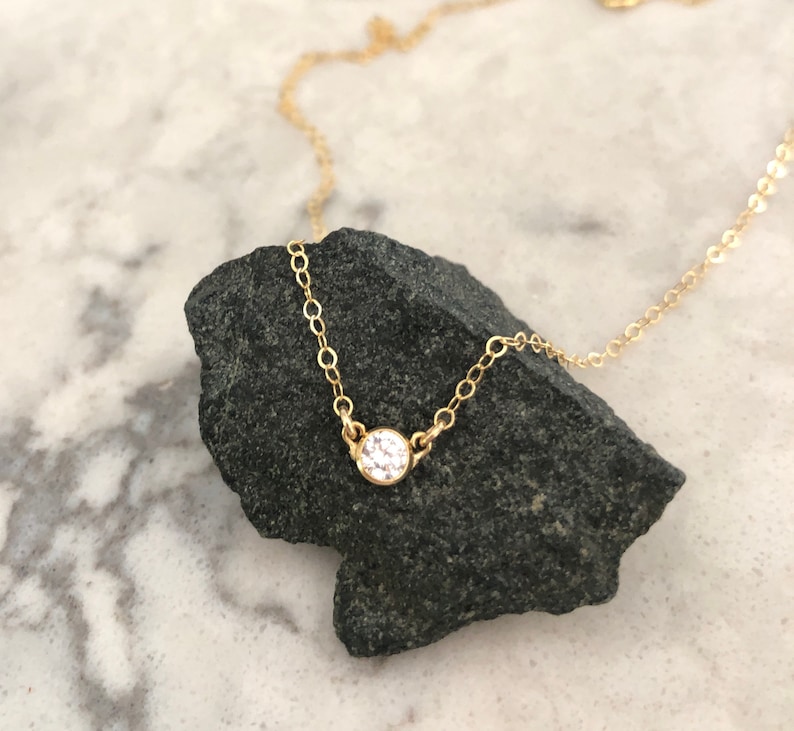 Delicate Gold Necklace, Dainty Necklace, Small Tiny, Bezel Set CZ, Small Diamond, Bridesmaids Gift, Layering Necklace, Simple, N01 image 1