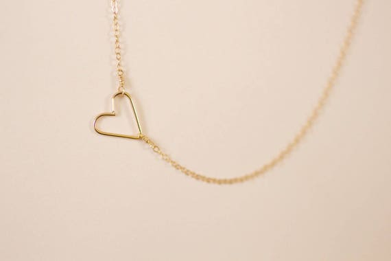 Gold Heart Necklace, Delicate Necklace, Off Center Heart, Sideways Heart, Dainty Gold Heart, Tiny Small Gold Bridesmaid Gift, Love