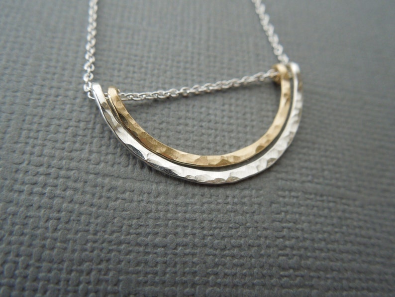 Simple Delicate Dainty Necklace, Arch, Hammered, Mixed Metals, Two Tone, Sterling Silver, Gold Fill, Simple, Modern, Bridesmaid Gift, N34 image 1