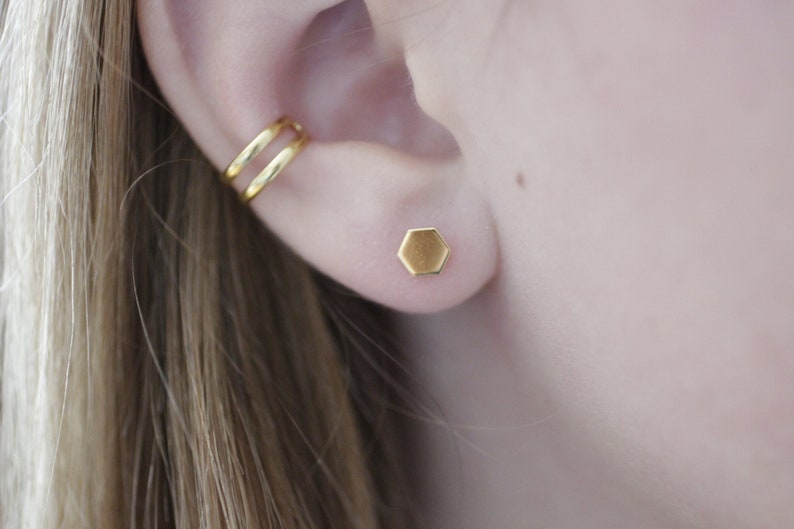Hexagon Earrings, Gold Studs, Silver Hexagon Earrings, Simple Post Earrings, Delicate Earrings, Dainty Earrings, Geometric, Shiny Earrings image 1