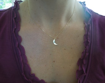 Gold Moon Necklace, Crescent, Small, Tiny, Delicate Hammered Simple Everyday, Bridesmaids Wedding, N182