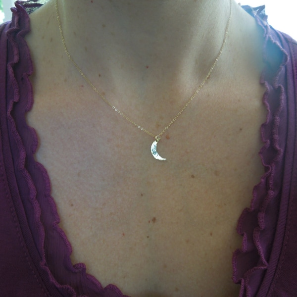 Gold Moon Necklace, Crescent, Small, Tiny, Delicate Hammered Simple Everyday, Bridesmaids Wedding, N182