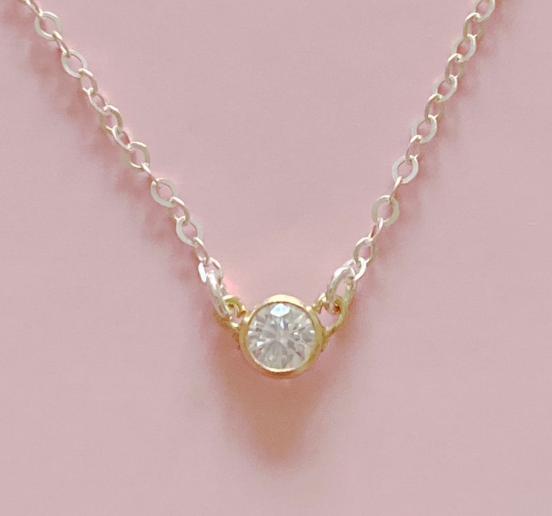 Delicate Gold Necklace, Dainty Necklace, Small Tiny, Bezel Set CZ, Small Diamond, Bridesmaids Gift, Layering Necklace, Simple, N01 MIXED METALS