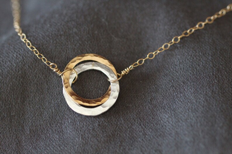 N114 Dainty Necklace Gold and Silver Love Knot Circle Two Circles Necklace Hammered Circles Delicate Necklace Mixed Metals