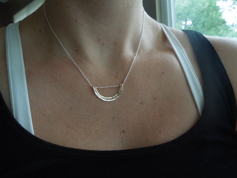 Simple Delicate Dainty Necklace, Arch, Hammered, Mixed Metals, Two Tone, Sterling Silver, Gold Fill, Simple, Modern, Bridesmaid Gift, N34 image 2