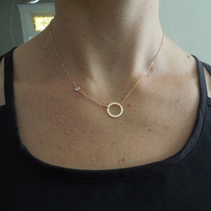 Delicate Gold Necklace, Dainty Gold Necklace, Thin Gold Necklace, Small Circle, Tiny CZ, Bezel Cubic Zirconia, Hammered Circle, N126 image 2