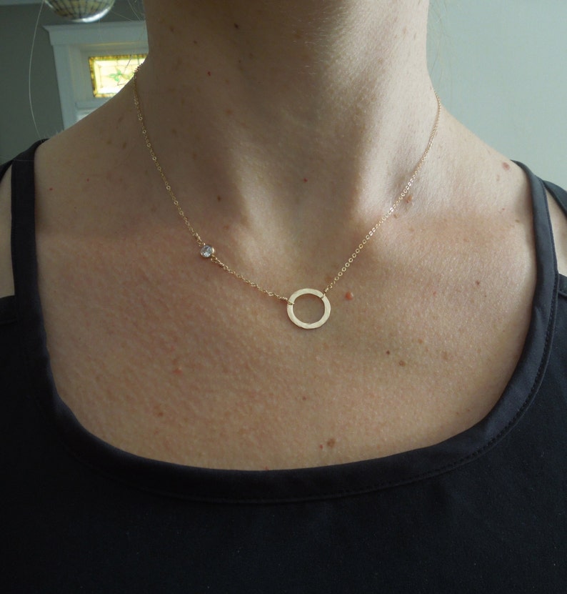 Delicate Gold Necklace, Dainty Gold Necklace, Thin Gold Necklace, Small Circle, Tiny CZ, Bezel Cubic Zirconia, Hammered Circle, N126 image 2