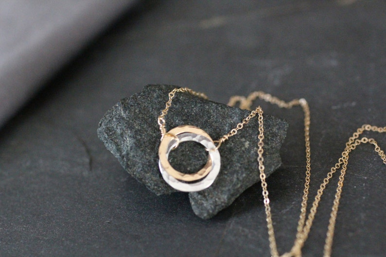 N114 Dainty Necklace Gold and Silver Love Knot Circle Two Circles Necklace Hammered Circles Delicate Necklace Mixed Metals