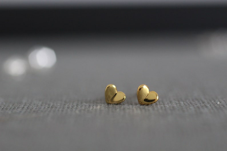 Heart Earrings, Small Gold Earrings, Sterling Silver Heart, Stud Earrings, Post, Second Hole Earrings, Gift for Her E31 image 2