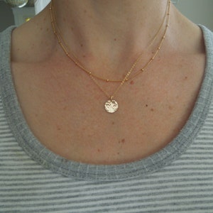 May include: A gold necklace with a delicate chain and a hammered circle pendant.