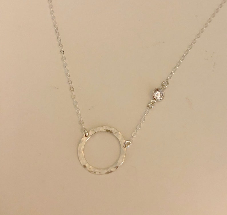 Delicate Gold Necklace, Dainty Gold Necklace, Thin Gold Necklace, Small Circle, Tiny CZ, Bezel Cubic Zirconia, Hammered Circle, N126 image 9