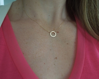 tiny gold hammered circle necklace, small, delicate, dainty, gift under 25, simple, modern, classic, everyday, N111