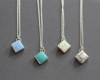 Silver Necklace, Dainty Necklace, Turquoise Necklace, Sterling Silver, Square Bezel, Square Turquoise, Pop of Color, Something Blue, opal,