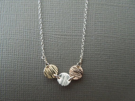 Dainty Necklace, Small Circles Necklace, Delicate Silver Necklace, Three Discs Mixed Metals Necklace, Delicate Sterling Silver, N153