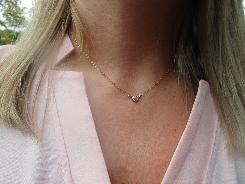 Delicate Gold Necklace, Dainty Necklace, Small Tiny, Bezel Set CZ, Small Diamond, Bridesmaids Gift, Layering Necklace, Simple, N01 image 2