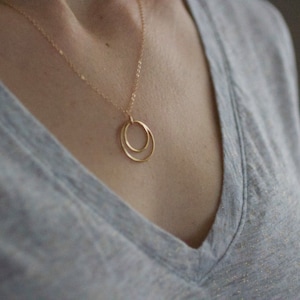 Circle Necklace, Dainty Gold Necklace, Delicate Gold, Two Circles Necklace, Circle Circle Jewelry, Mixed Metals, Sterling Silver, N250