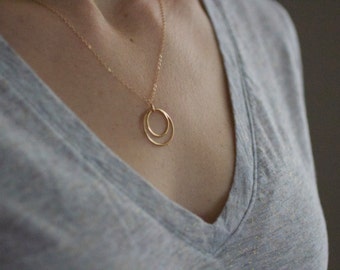 Circle Necklace, Dainty Gold Necklace, Delicate Gold, Two Circles Necklace, Circle Circle Jewelry, Mixed Metals, Sterling Silver, N250