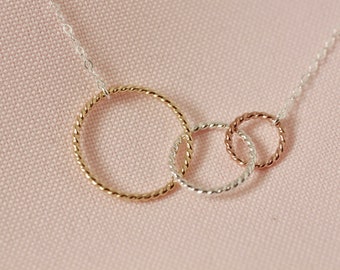 Mother's Day Gift, Mother's Necklace, Three Circles, Gold, Silver, Rose Gold, Connected Circles, Gift for Her, Delicate Necklace, Dainty