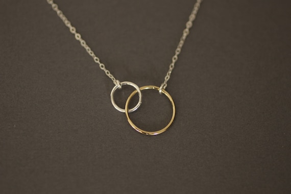 Dainty Necklace, Two Tone Circle Necklace, Delicate Necklace, Simple Mixed Metals, Silver Gold, Small Tiny Circles, Bridesmaids Gift, N154