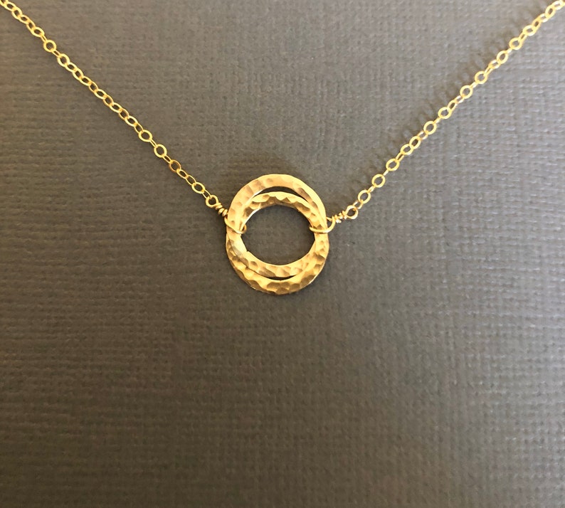 N114 Dainty Necklace Gold and Silver Love Knot Circle Two Circles Necklace Hammered Circles Delicate Necklace Mixed Metals