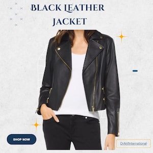 Women&#39;s Black Leather Jacket with Gold plated zip & button, lambskin jacket, Gift for women, Woman leather jacket, biker jacket,gift for her