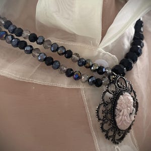 Gothic Lolita. Romantic decoration. Vintage Victorian Cameo Necklace. Black and Silver Beads. Handmade, replica of the Baroque era.
