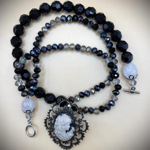 Vintage Victorian Cameo Necklace. Black and Silver Beads. Handmade, replica of the Baroque era. Gothic Lolita. Romantic decoration.
