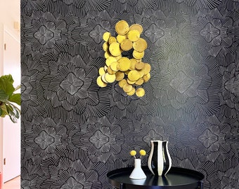 Removable Wallpaper / Pinstripe Floral Noir/ Assorted lengths / Perfect for Renters and owners