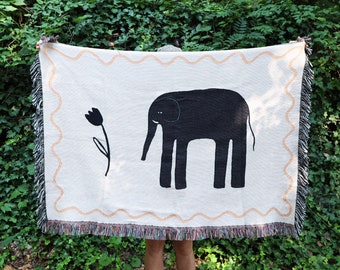 Woven Blanket / Elephant and Tulip Print / Black and Off-White / One Hundred Percent Premium Cotton / Multiple Sizes / Throw Twin Queen