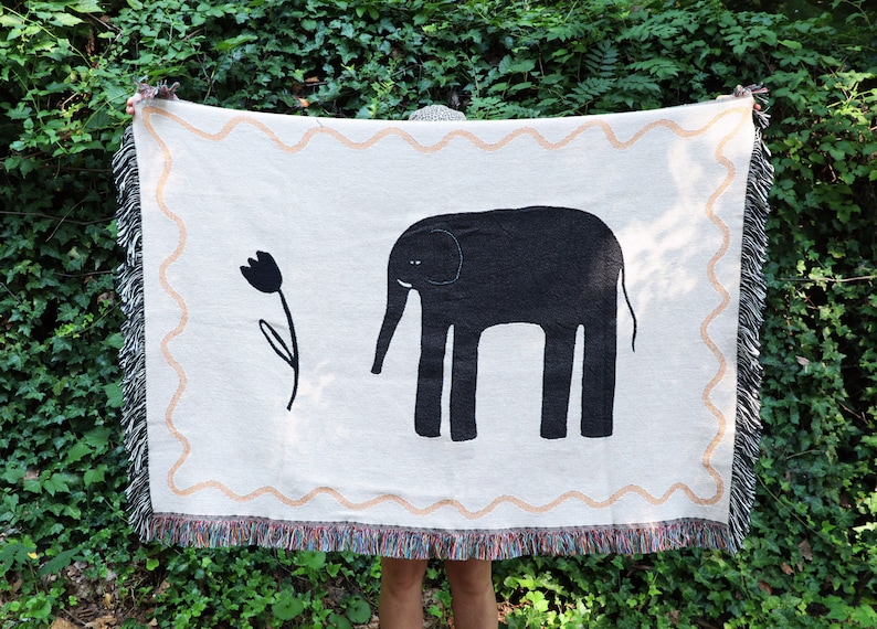 Woven Blanket / Elephant and Tulip Print / Black and Off-White / One Hundred Percent Premium Cotton / Multiple Sizes / Throw Twin Queen image 1