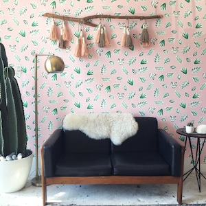 Removable Wallpaper // Plants on Pink // Perfect for renters // Fully Removable