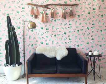 Removable Wallpaper // Plants on Pink // Perfect for renters // Fully Removable