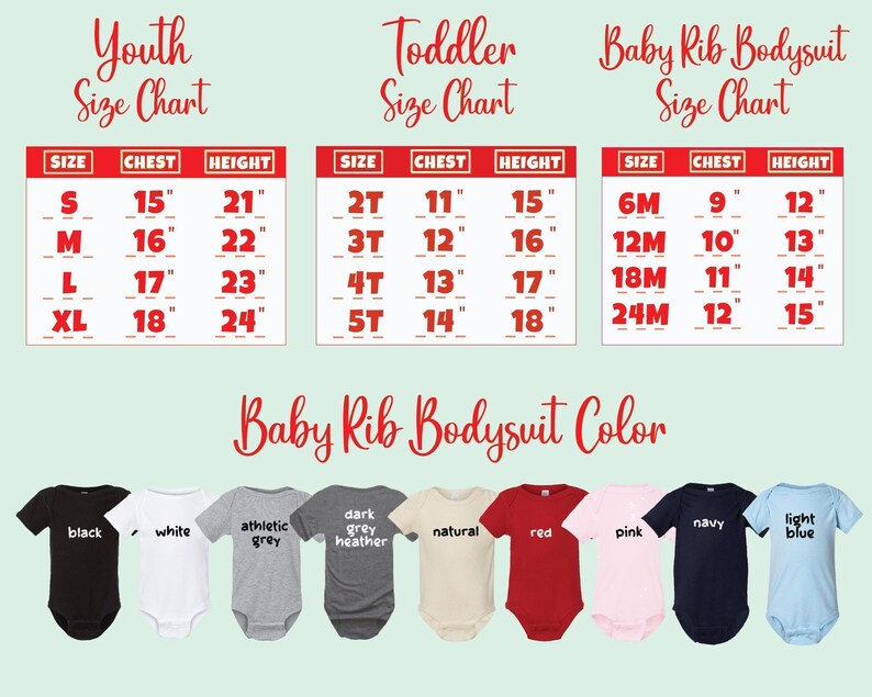 a baby bodysuit color chart with the names of each bodysuit