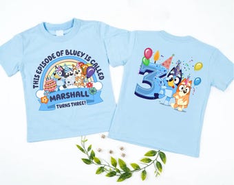 Camisetas de fiesta familiar de cumpleaños personalizadas de dos caras con muffin de perro azul, camiseta de cumpleaños para niño, atuendo de fiesta de cumpleaños, atuendo de fiesta de cumpleaños