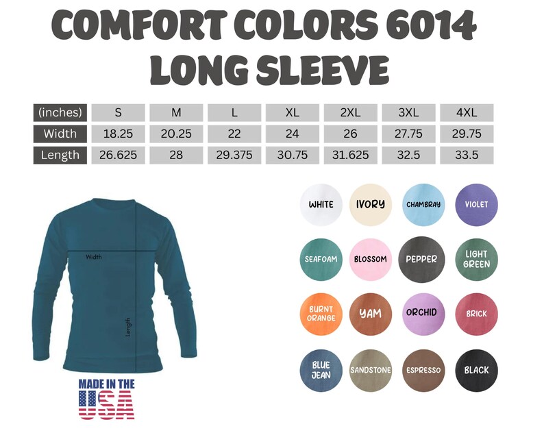 The image is a collage of various images, including a long sleeve t-shirt, color swatches, and a list of colors. The image is focused on the long sleeve t-shirt and its color options, with a focus on comfort and color choices.