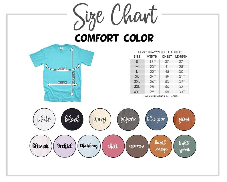 a t - shirt with the size chart for comfort color