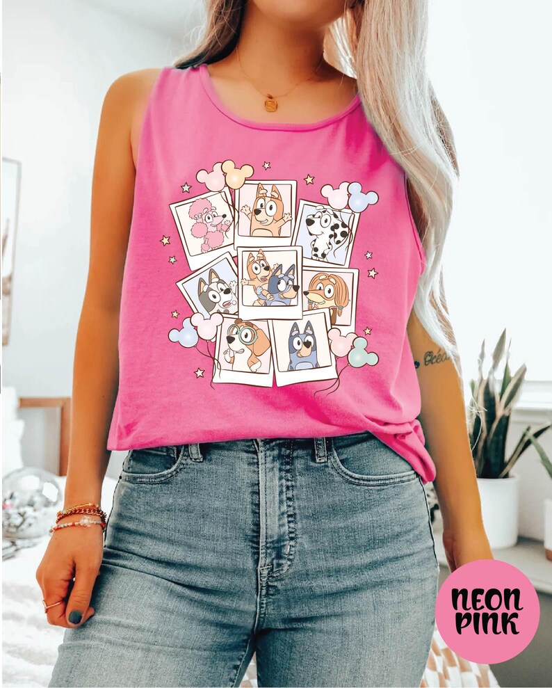 A woman wearing a pink tank top with a cartoon character design and a collage of smaller images of the same character.