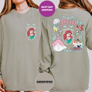 The image is a collage of two photos featuring a person wearing a long-sleeved shirt with a design of the Disney character Ariel from The Little Mermaid.