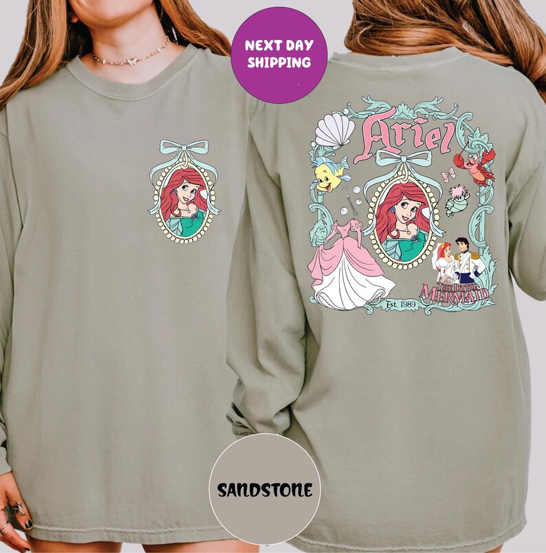 The image is a collage of two photos featuring a person wearing a long-sleeved shirt with a design of the Disney character Ariel from The Little Mermaid.