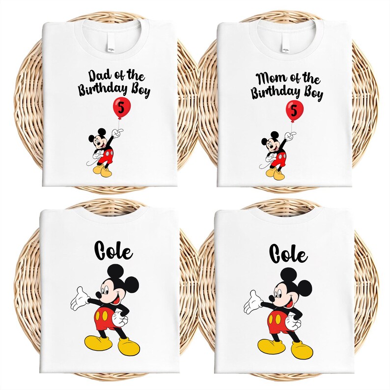 The image is a collage of four white t-shirts, each featuring a Mickey Mouse design and the name "Gole" printed on it. The t-shirts are arranged in a grid-like pattern, with the first row containing two shirts, the second row containing two shirts, and the third row containing two shirts.